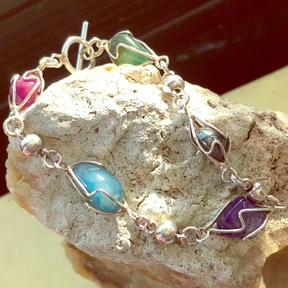 VTG BOHO STERLING silver wire & stone bracelet